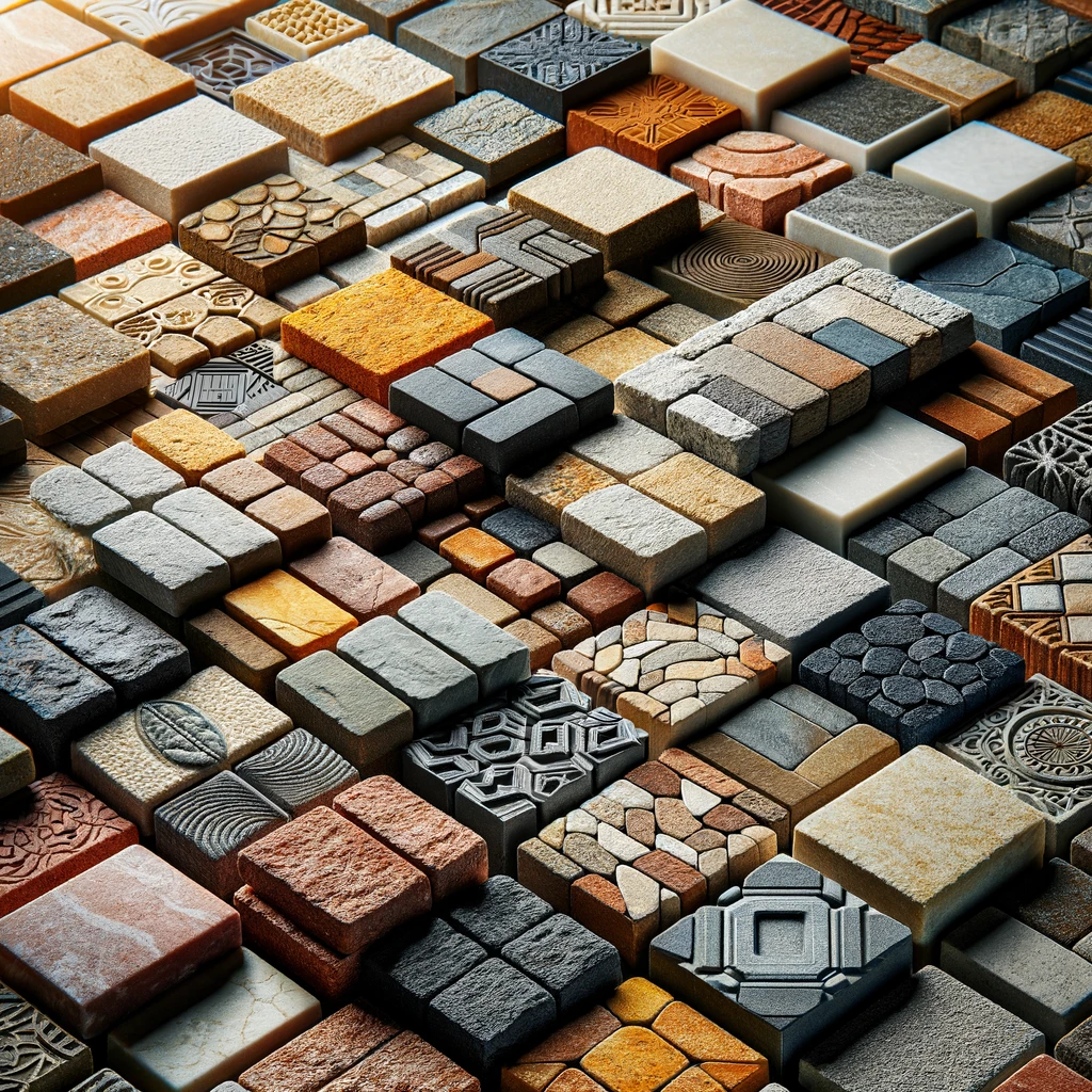 Variety of pavers display featuring concrete, brick, and natural stone in multiple colors and textures for <a href=